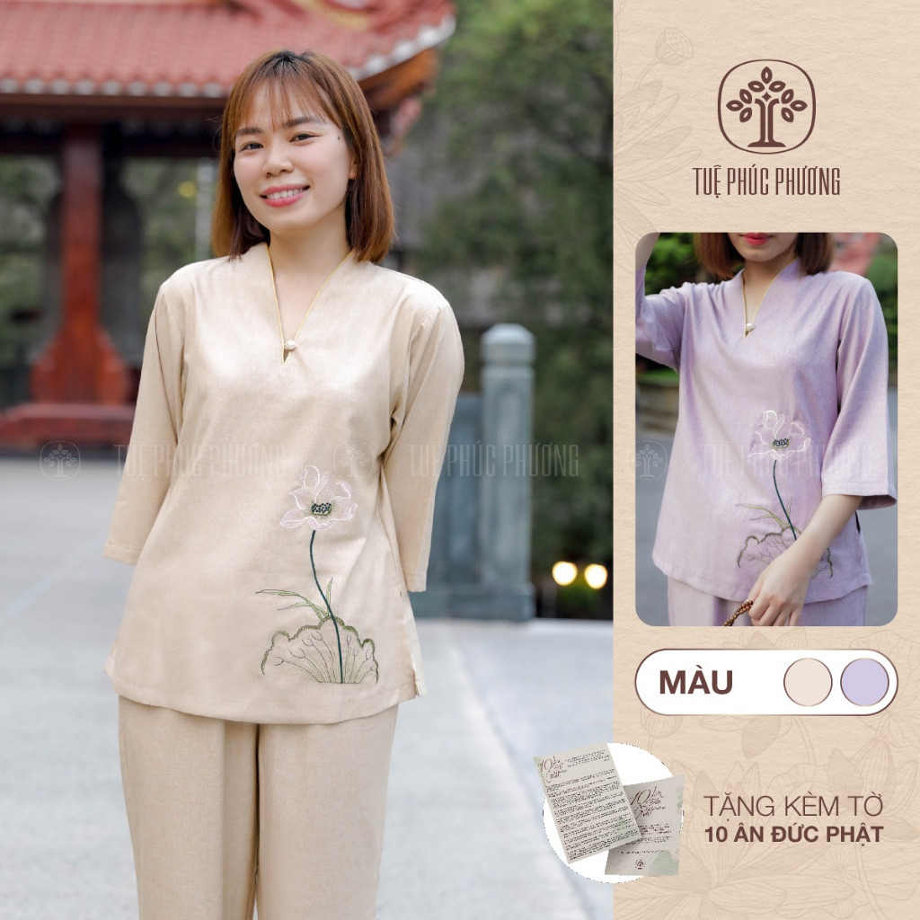 Pháp phục thêu sen linen cao cấp Tuệ Phúc Phương