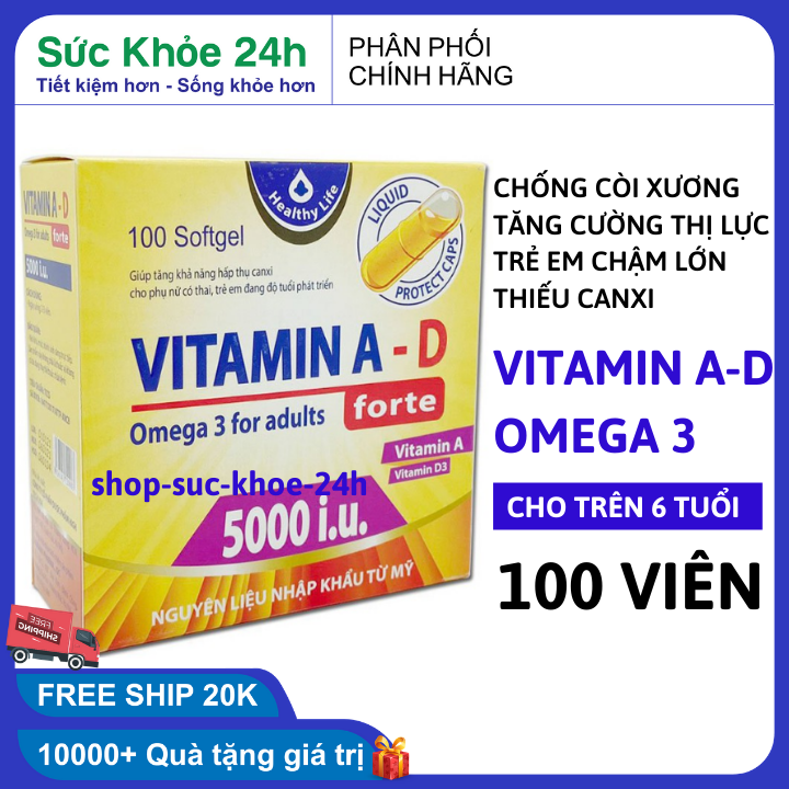 Viên Uống Bổ Sung Vitamin A D, Omega 3 tăng cường sức khỏe, nâng cao đề kháng, tốt cho mắt, da - Hộp 100 viên