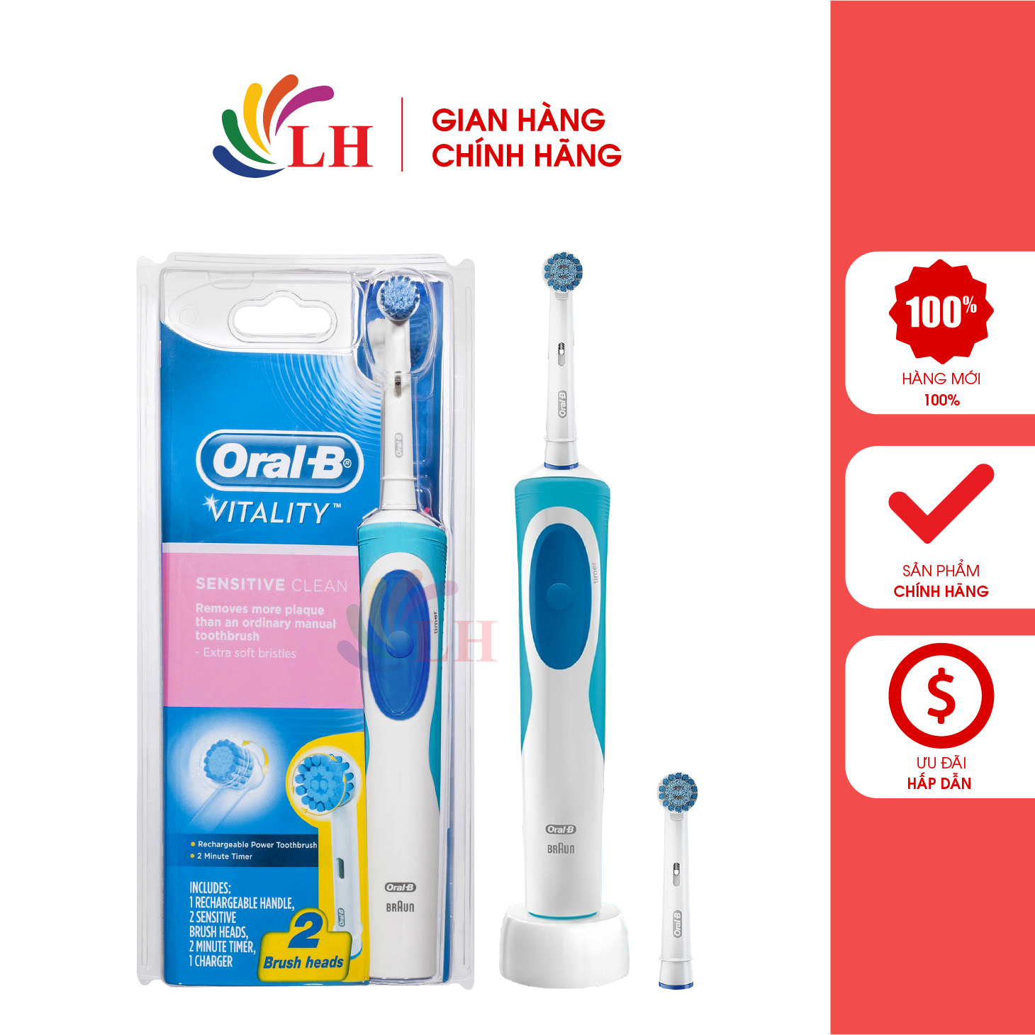 Bàn chải điện Oral-B Vitality (2 đầu bàn chải) - Lông bàn chải làm sạch vượt trội, làm trắng răng và bảo vệ nướu, chống nước, dùng được với mọi đầu bàn chải