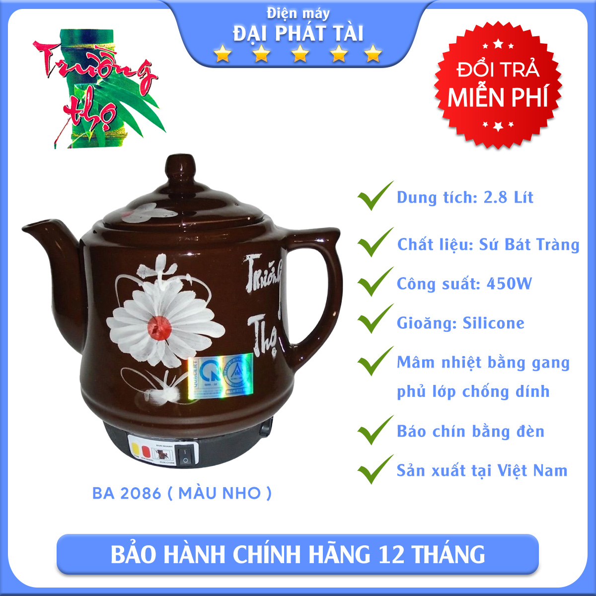 [HCM] CHỈ GIAO HỎA TỐC Siêu sắc thuốc tự động Trường Thọ BA2086 (Đen)