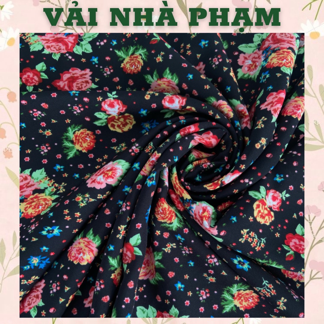Lụa 75d hoạ tiết hoa hồng nền đen-khổ 1.5m-vải nhà phạm
