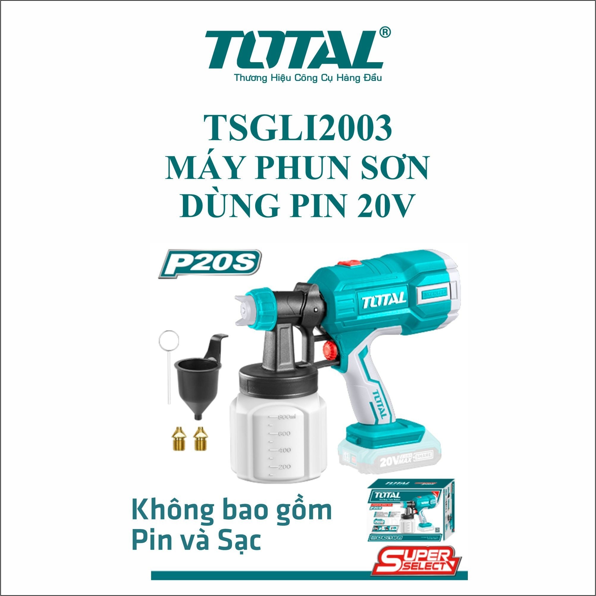 Máy phun sơn dùng pin 20V 800ml TOTAL TSGLI2003 (Chưa bao gồm pin, sạc), Tặng kèm 1 cốc đo độ nhớt, 1 kim làm sạch vòi phun, 2 khớp đồng