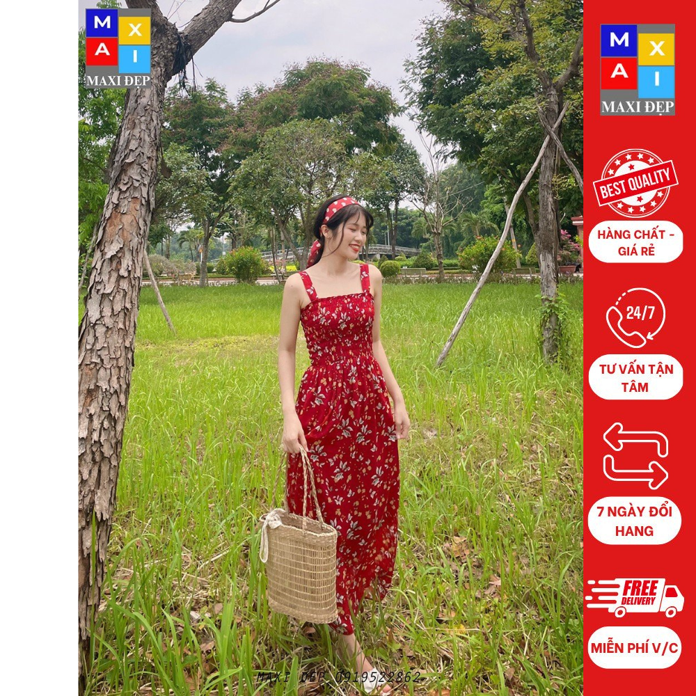 Đầm 2 Dây Hoa Đỏ Maxi Đẹp Hottrend Freesize Cho Nàng