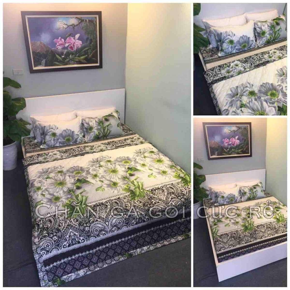 [Siêu Sale] Bộ Chăn Ga 5 Món Cotton Poly Hoa Cúc 3D (1m6 x 2m) - ( 1 drap + 2 vỏ gối nằm + 1 vỏ gối ôm + 1 chăn hè )