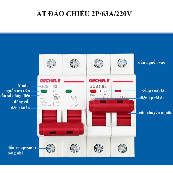 Át đảo chiều 2P 63A-cb đảo chiều, aptomat đảo chiều GECHELE.