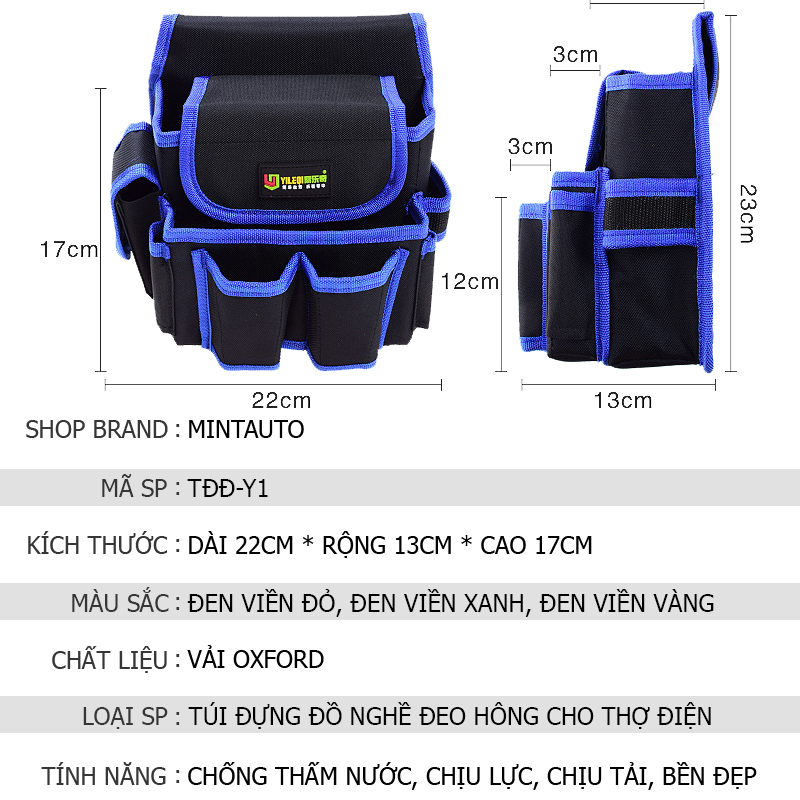 Túi Đựng Dụng Cụ Điện Nước Y1 Đa Năng, Màu Đen Viền Xanh, Túi Tích Hợp Đa Năng