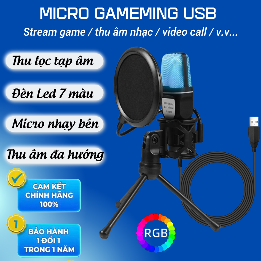 Mic thu âm gaming, Mic thu âm lọc tiếng ồn, Micro có dây USB, độ nhạy cao tích hợp đèn LED RGB 7 màu, thu âm đa hướng