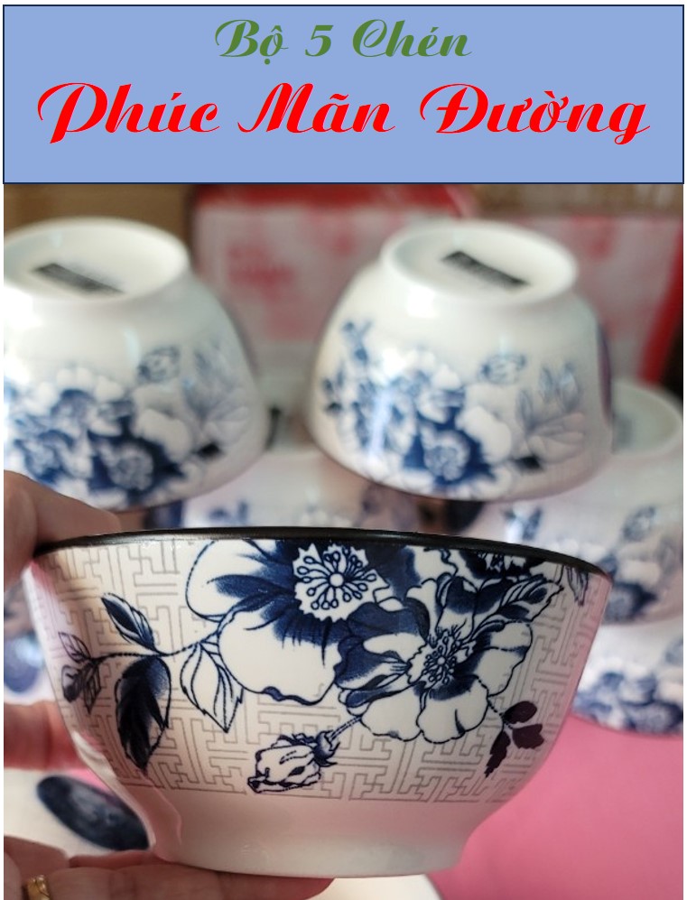 BỘ 5 CHÉN CƠM GỐM SỨ CAO CẤP HỌA TIẾT PHÚC MÃN ĐƯỜNG
