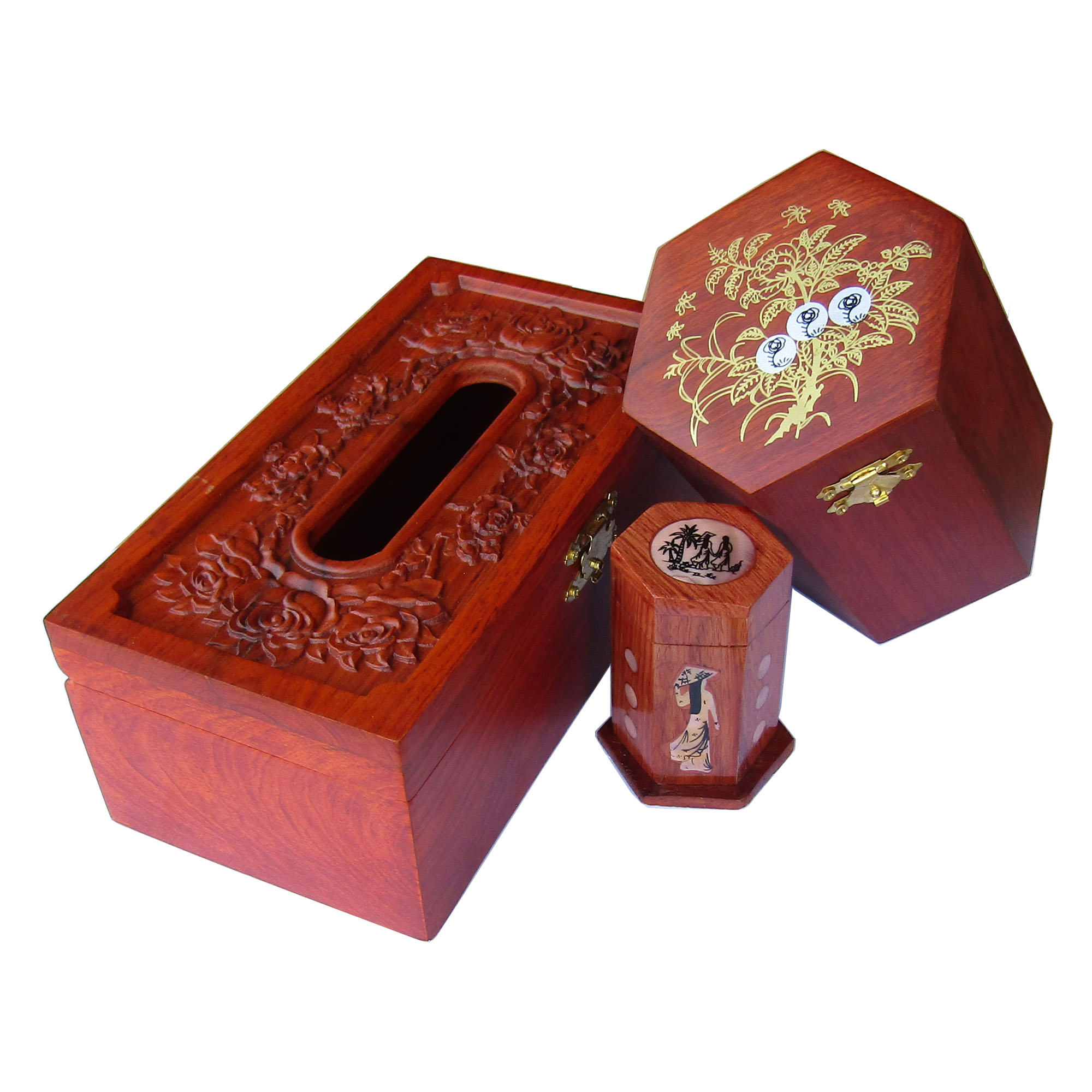Hộp Đựng Giấy Ăn Hoa Hồng Gỗ Hương Kèm Hộp Trà Hộp Tăm