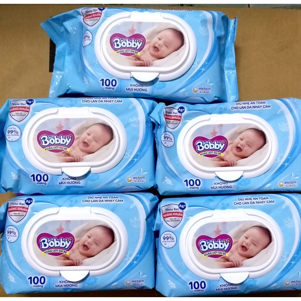 Combo 5 gói khăn ướt em bé BOBBY không mùi 100 miếng