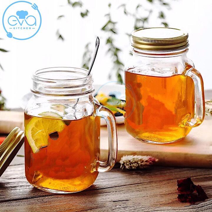 Bộ 10 Ly Quai Thủy Tinh Trơn 450ml-Ly Mason Jar Thủy Tinh Tay Cầm 450ml / Ly Sinh Tố, Nước Ép