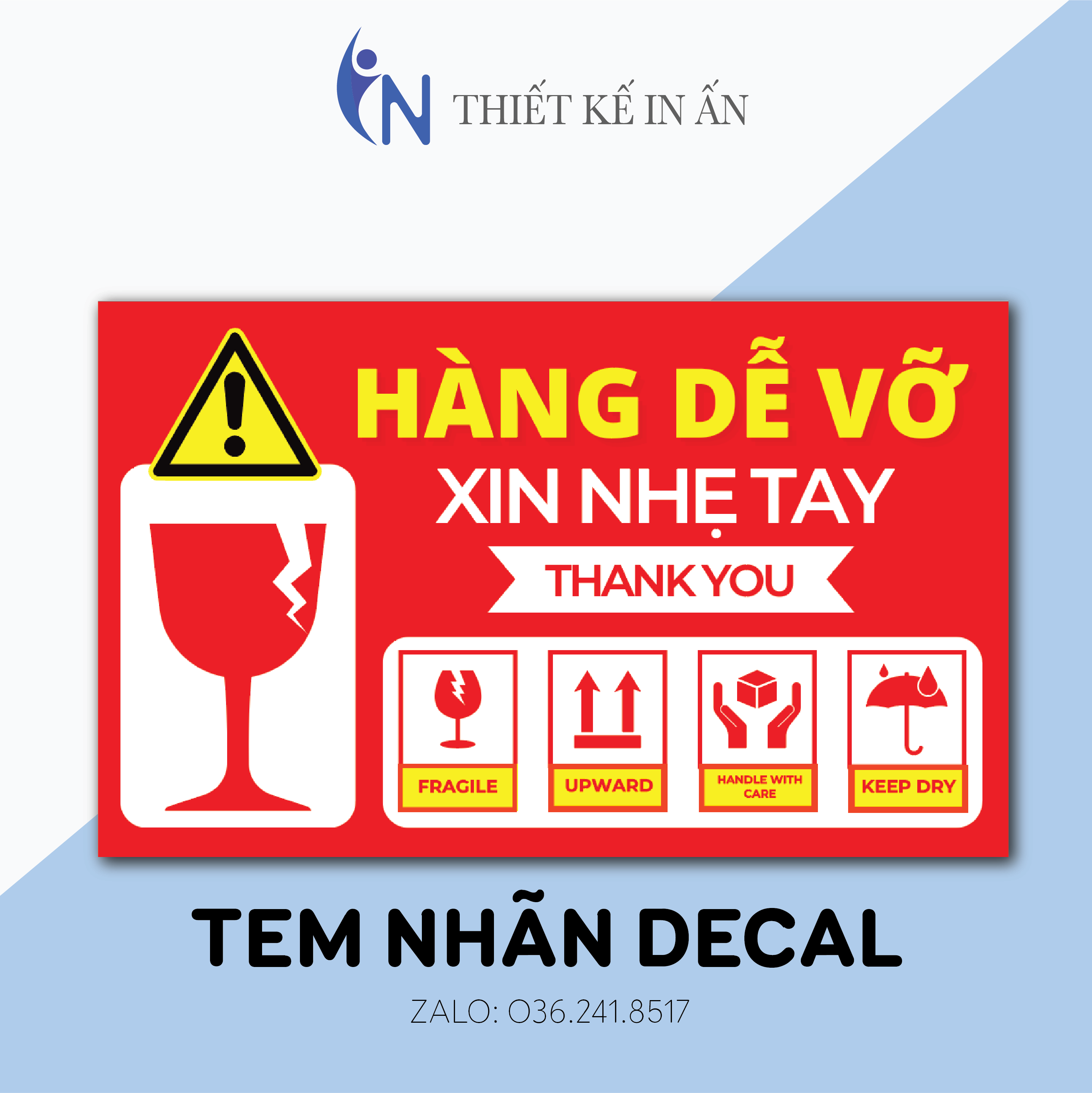 100 Tem nhãn dán hàng dễ vỡ, tem chú ý hàng dễ vỡ, có keo dán mặt sau