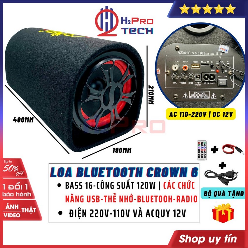 Loa bluetooth crown 6 bass 16 usb-thẻ nhớ-radio fm-karaoke, loa cho ô tô super bass nghe nhạc cực hay - h2pro tech