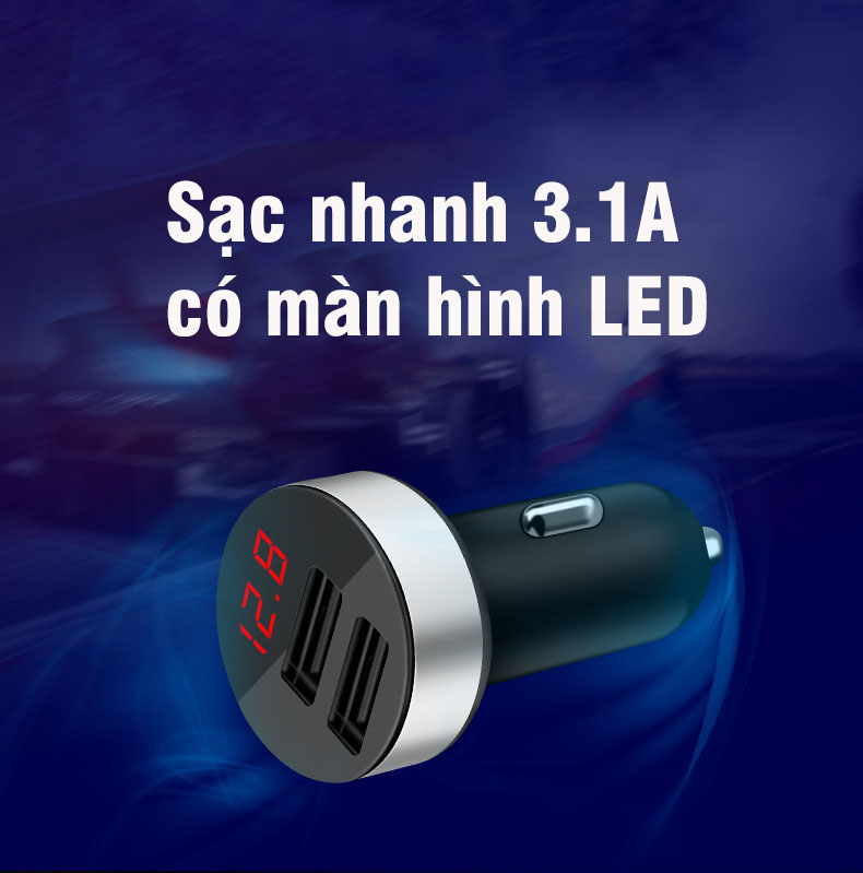 Tẩu sạc ô tô siêu nhanh 2 cổng USB có đèn LED báo điện áp ắc quy