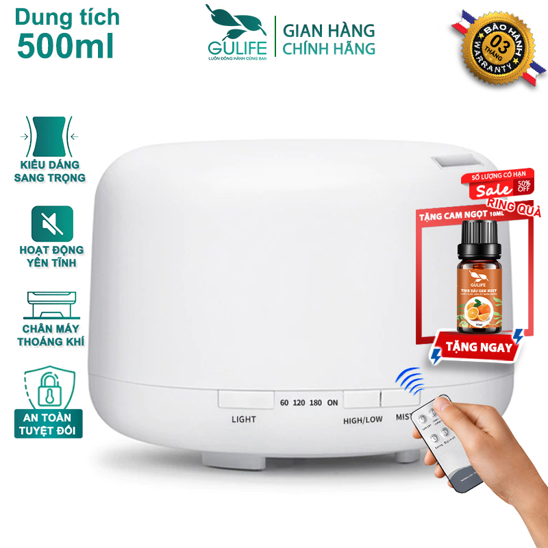 Máy Khuếch Tán Tinh Dầu Tạo Độ Ẩm Trụ Tròn 550ml Hình Trụ 7 Màu Có Remote - GULIFE MKT23