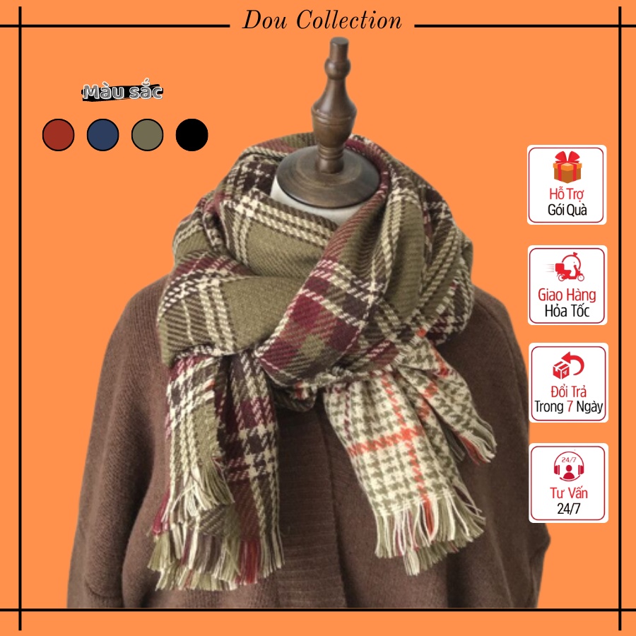 Khăn len quàng cổ nam nữ, Khăn cashmere caro dày choàng cổ thời trang thu đông màu nâu - 62x196cm - Mã LN028