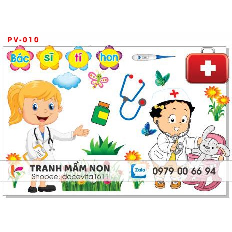 Decal mầm non-BÉ LÀM BÁC SĨ (GÓC PHÂN VAI) khổ to 127x80