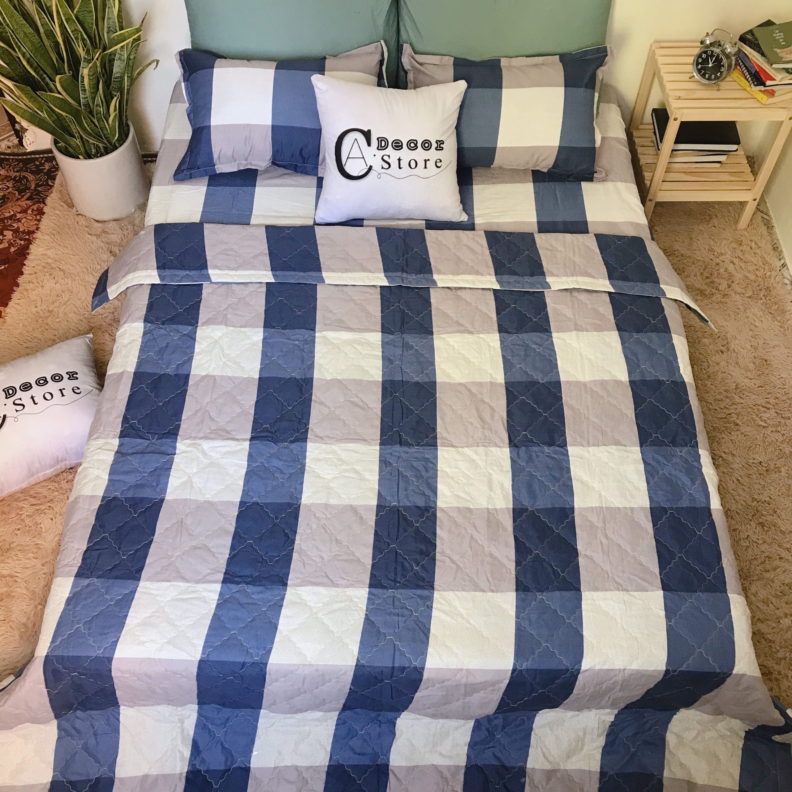 Bộ Chăn Ga Gối Cotton Poly Kẻ Xanh, Chất Liệu Thoáng Mát , Kích Cỡ Đa Dạng , By. C.A Decor Store