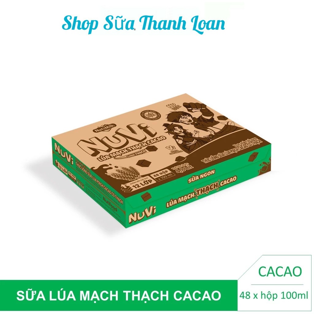 (HSD T6-2026) Thùng 48 Hộp NUVI Sữa Lúa Mạch Thạch Cacao 170ml.