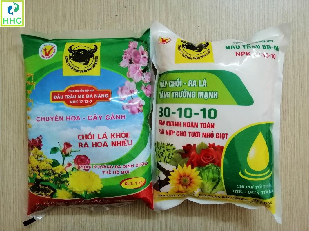 COMBO PHÂN BÓN HỖN HỢP ĐẦU TRÂU BĐ-MK NPK 30-10-10 NẢY CHỒI, RA LÁ GÓI 1KG + PHÂN BÓN HỖN HỢP ĐẦU TRÂU MK ĐA NĂNG NPK 17-12-7 CHUYÊN HOA CÂY CẢNH CHỒI LÁ KHỎE RA HOA NHIỀU GÓI 1KG