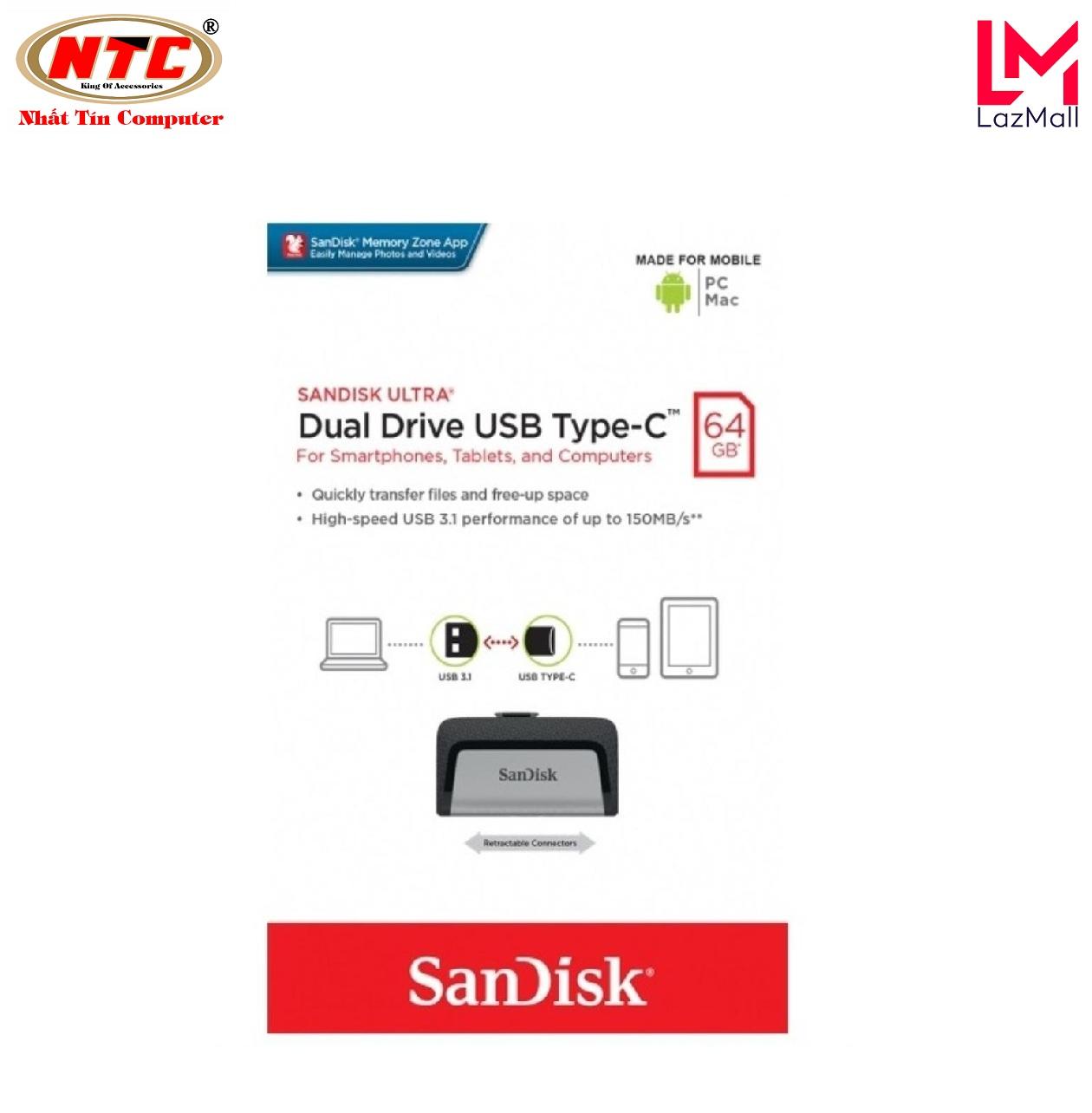 USB OTG Sandisk Ultra Dual TypeC 3.1 dung lượng 64GB 150MB/s (Bạc) Nhat Tin Authorised Store