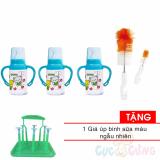 3 Bình sữa Cacara nhựa cổ thường 140ml có tay cầm hoạt tiết ngẫu nhiên + cọ rửa bình sữa Tặng 1 giá úp bình sữa