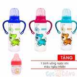 Bộ 3 Bình sữa nhựa cổ thường 250ml có tay cầm hoạt tiết ngẫu nhiên tặng 1 bình uống nước nhỏ