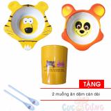 Bộ chén ăn hình cọp + chén ăn hình gấu + 1 ly nước in hình TẶNG 2 cái muỗng cán dài - chen tap an dam cho be