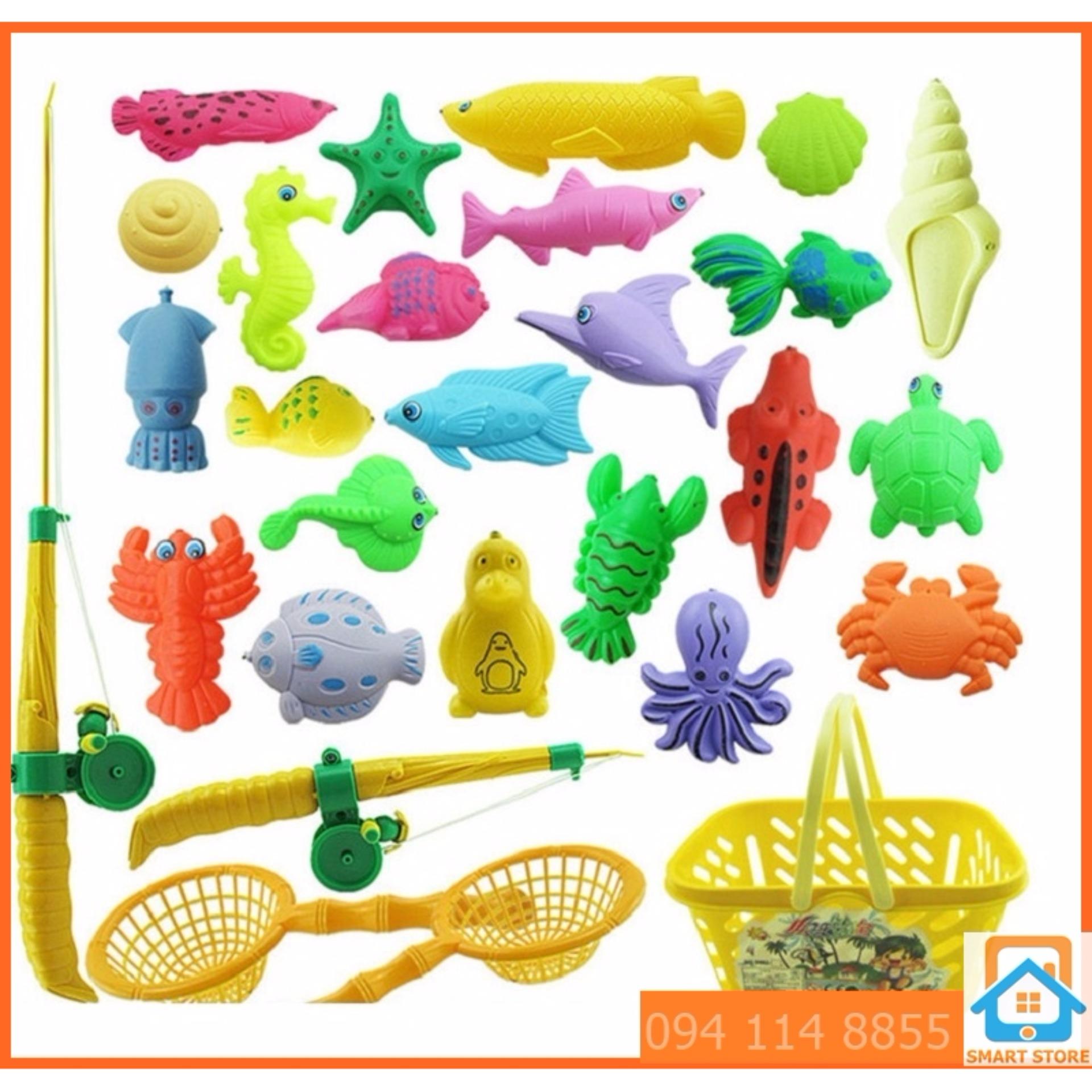 Bộ đồ chơi bể nước bơm hơi câu cá nam châm + 2 cần câu