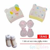 Combo 2 nón sơ sinh cho bé (bé gái) +  bao tay bao chân màu   TẶNG 1 đôi vớ cho bé sọc