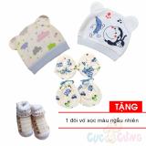 Combo 2 nón sơ sinh cho bé  (bé trai) +  bao tay bao chân in hình TẶNG 1 đôi vớ cho bé sọc