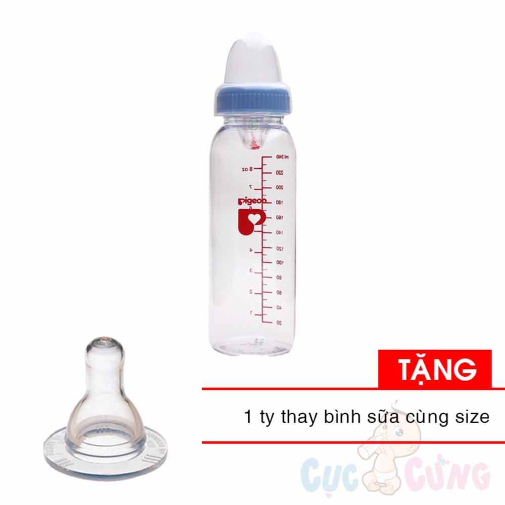 Combo Bình sữa Pigeon hình 240ml cổ thường Tặng 1 ty binh sua cùng size