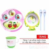 Khay cho bé tập 4 ngăn hình tròn bằng nhựa E9 - màu hồng + Tô trẻ em in hình cá bằng nhựa - 36 + 2 muỗng ăn dặm cán dài TẶNG 1 ca uống nước in hình có nắp đậy màu ngẫu nhiên