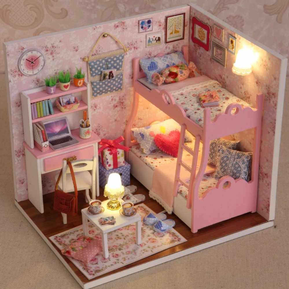 Nhà búp bê Tình yêu màu hồng Tặng kèm keo dán,dụng cụ lắp ghép, mica DIY Dollhouse Toys HCM