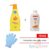 Sữa tắm gội Wesser 500ml - Cam + Phấn thơm Pigeon cho bé 100g Tặng 1 Bao tay tắm màu ngẫu nhiên