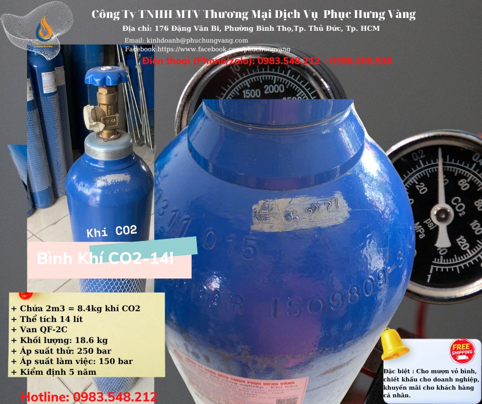 Bình khí Co2 14l - Gồm Bình Đã Bơm Đầy Khí