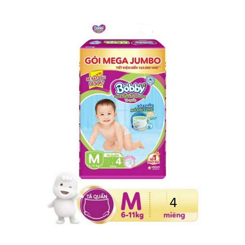 Combo 3 Gói Bỉm Tã Quần Bobby Size M 4 Miếng (6-11kg)