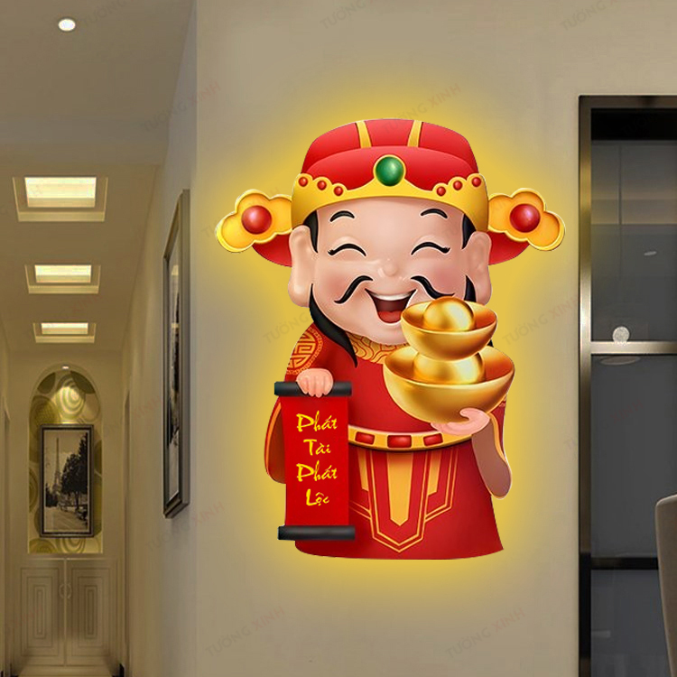 Tranh đèn led tráng gương thần tài phát lộc phát tài kèm đinh treo