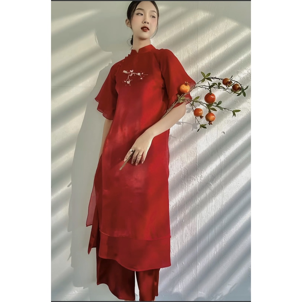 Áo Dài Tết Voon Tơ 4 tà May Sẵn ( linn xanh + Đỏ )