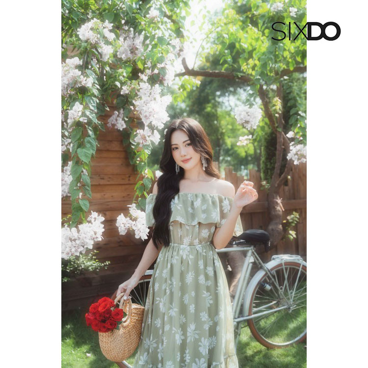 Đầm hoa voan midi trễ vai chun eo thời trang SIXDO (Floral Maxi Voile Dress)