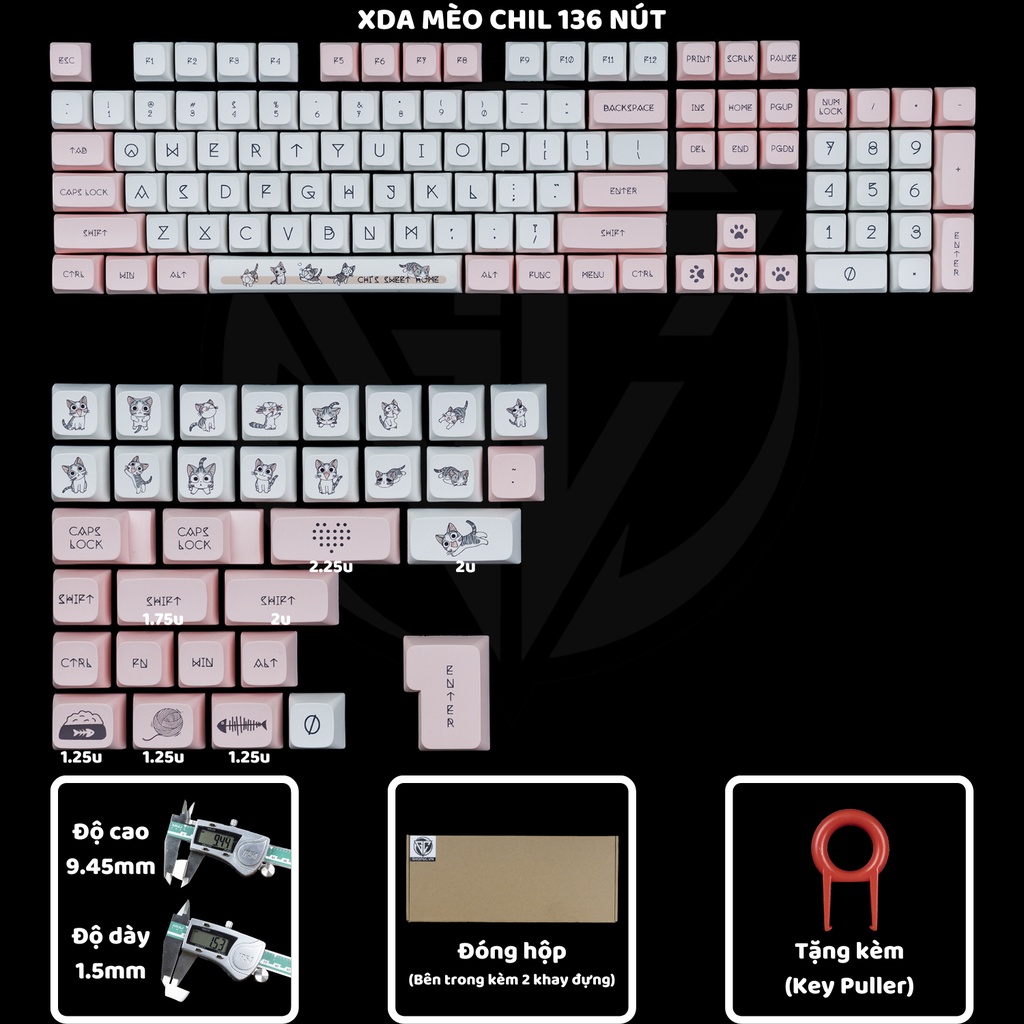 Keycap mèo chil xda 136 nút bàn phím cơ thick pbt