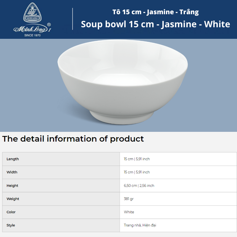 TÔ 15CM JASMINE TRẮNG- Gốm Sứ Minh Long