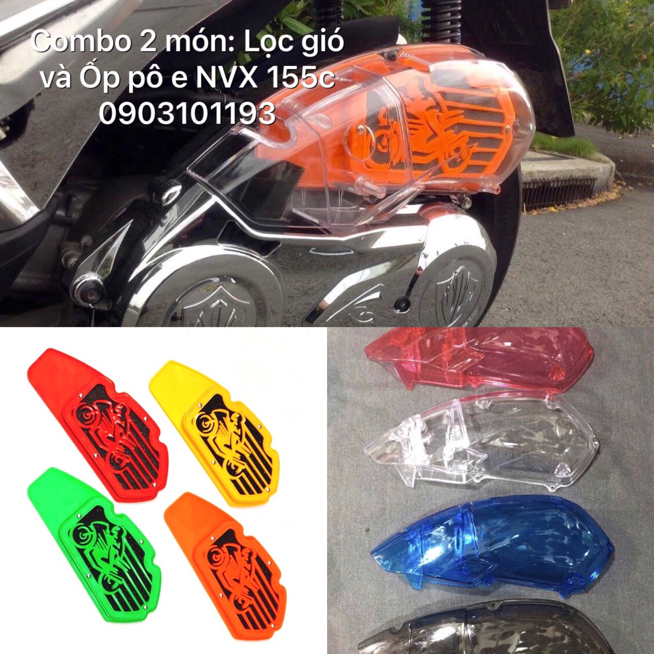 Combo 2 món: Lọc gió độ + Ốp pô e màu sắc cho xe NVX 155c