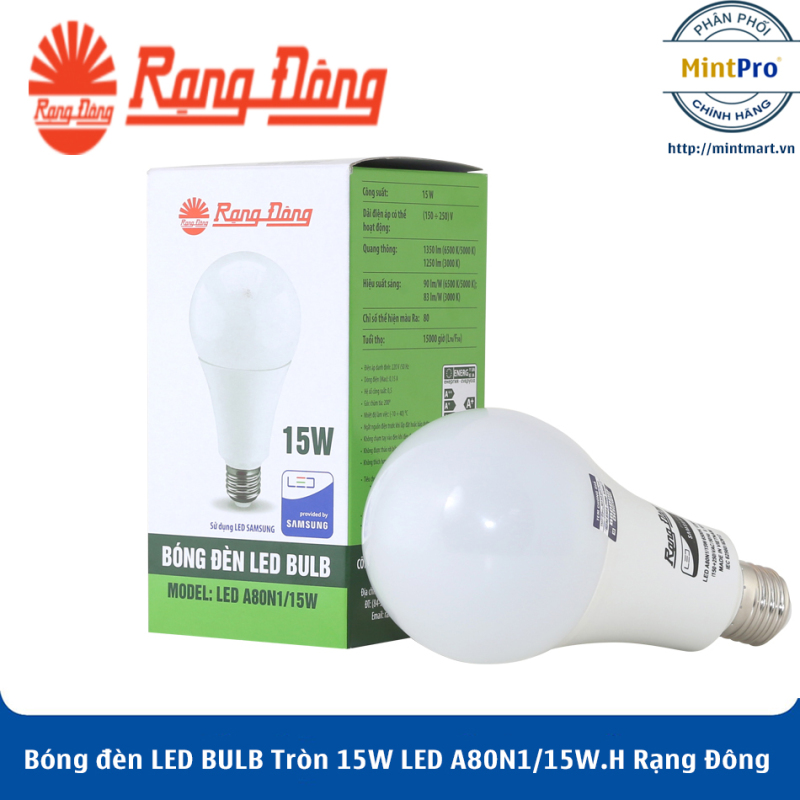 Bóng đèn LED BULB Tròn 15W LED A80N1/15W.H Rạng Đông - Hàng Chính Hãng