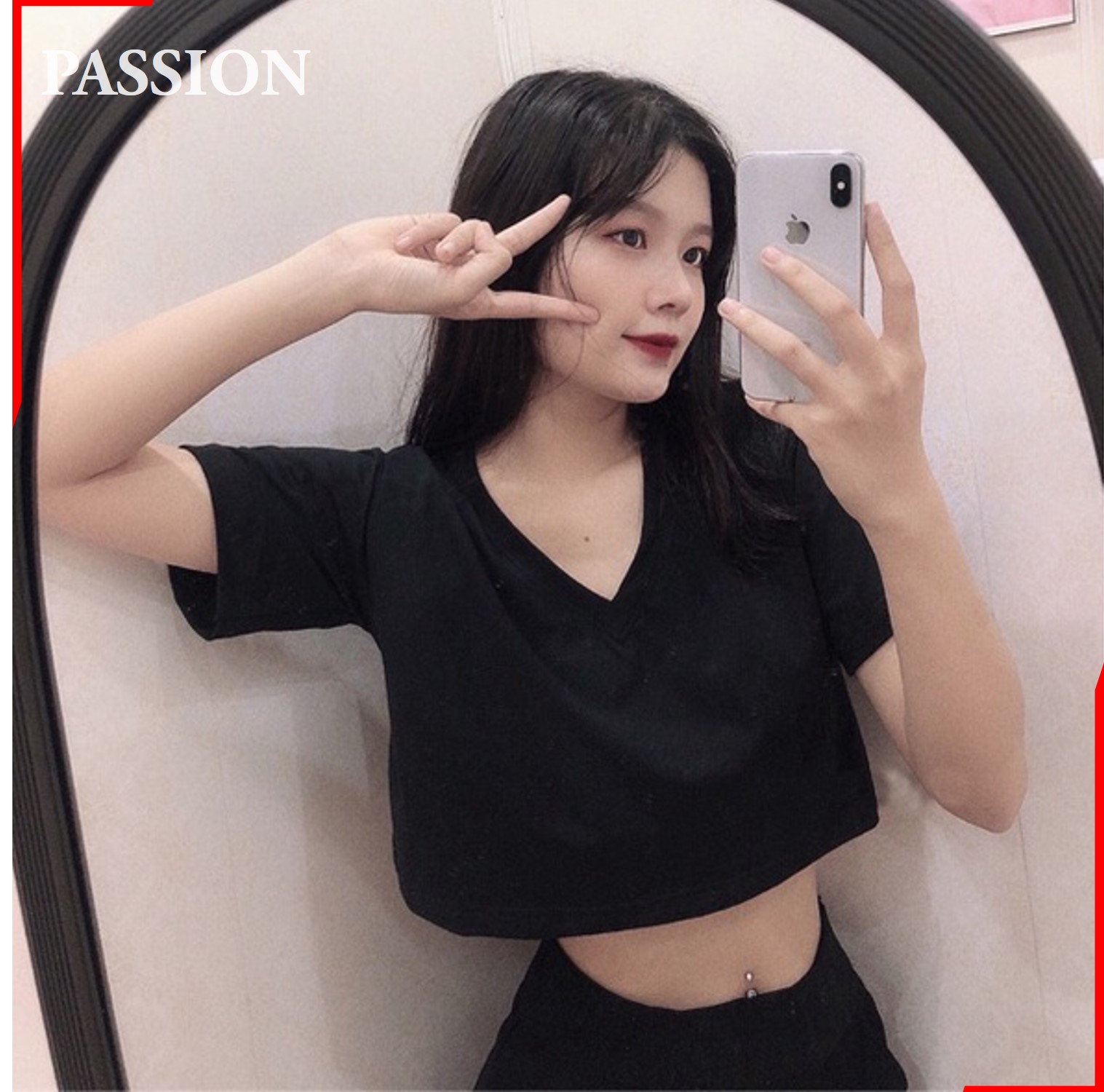 Áo thun croptop form rộng cổ tim PASSION kiểu dáng Ulzzang form rộng, croptop form rộng cổ chữ V
