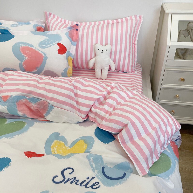Bộ chăn ga gối cotton poly - Mẫu tim smile