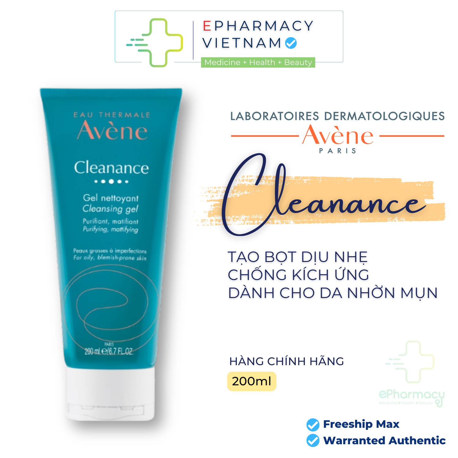 Gel rửa mặt không xà phòng cho da dầu mụn Avene Cleanance Cleansing Gel 200ml tạo bọt nhẹ nhàng giúp làm sạch da