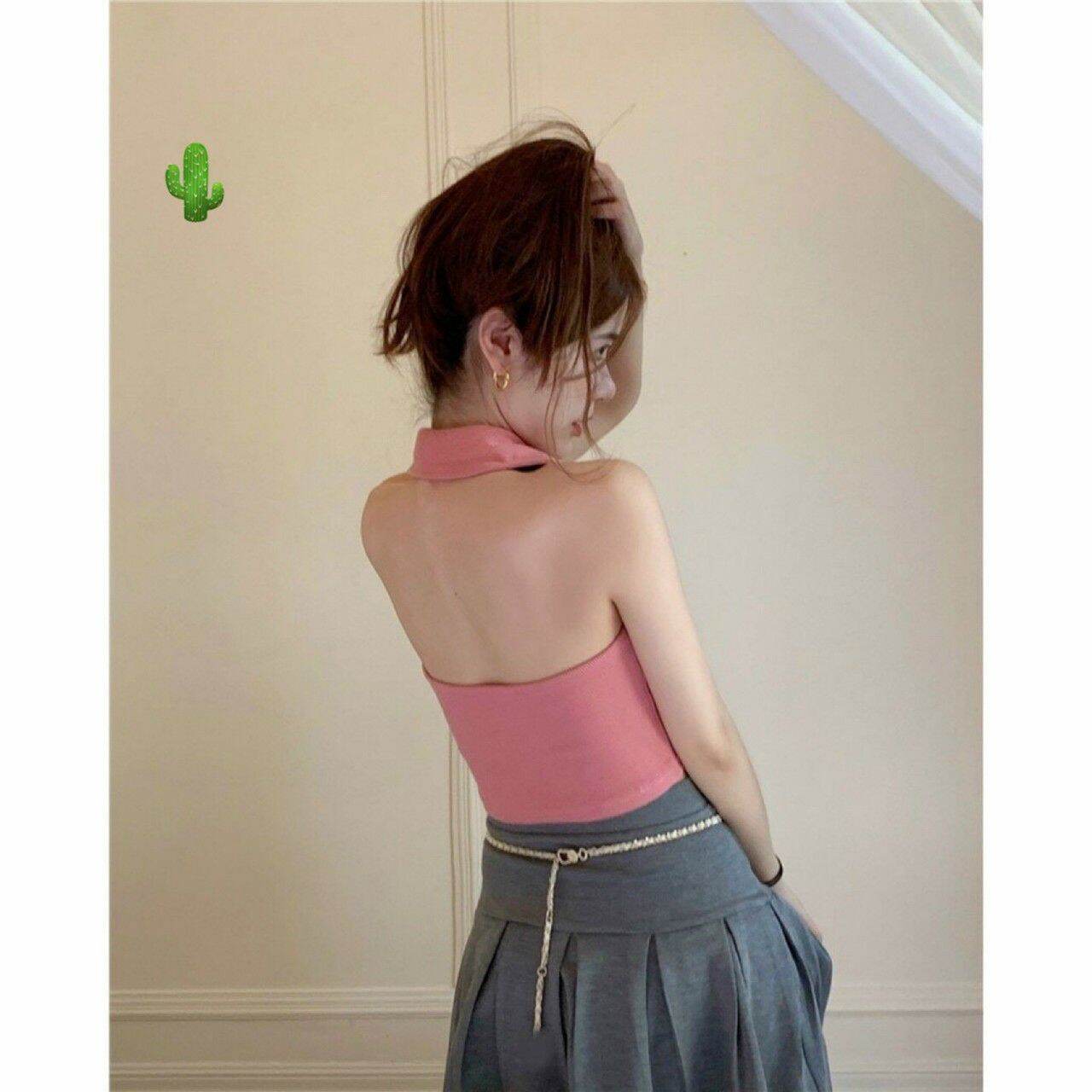 [HCM]Áo croptop cổ bẻ hở lưng