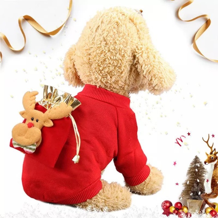 Áo Noel Cho Chó Mèo Hình Tuần Lộc 3d Kèm Túi Gấm bằng vải thun co giãn cao cấp, giúp cho thú cưng đáng yêu hơn trong ngày Noel - SP000538