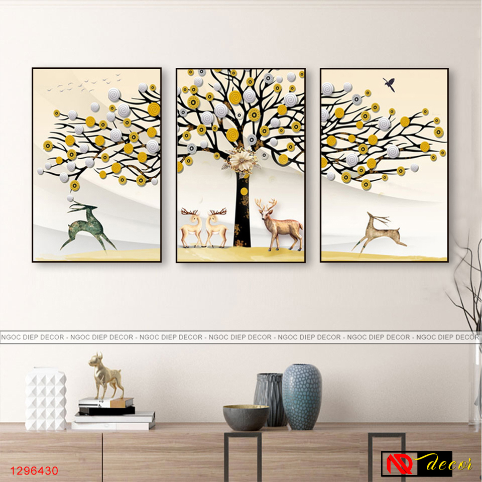 Bộ 3 Tấm Tranh Dán Tường 3D Hươu Sao Tán Cây Decor, Phong cách Bắc Âu
